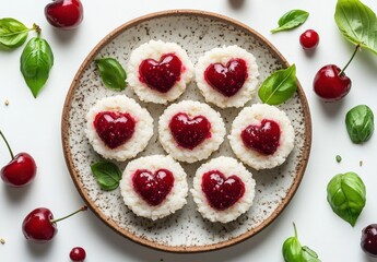 Heart-shaped Cherry Desserts on a Decorated Plate with Fresh Leaves