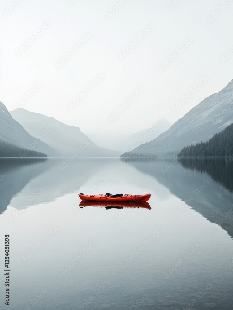 Poster lone kayak drifting on a tranquil mountain lake surrounded by misty peaks and reflections at dawn. g