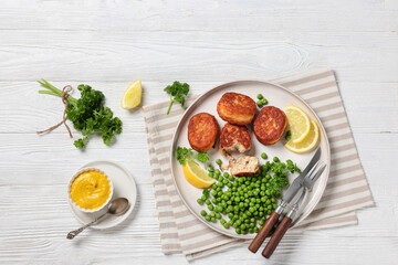 Danish atlantic cod fish cakes with green peas
