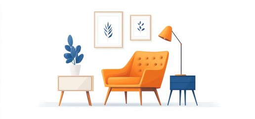 Modern living room interior with chair, lamp, and decor items in bright tones