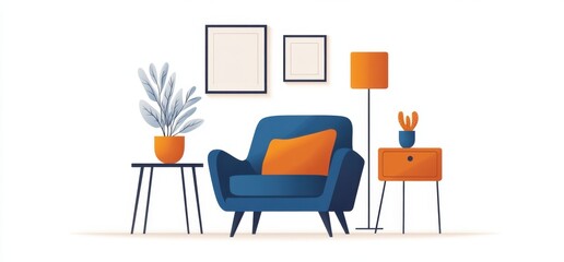 Minimalist interior design with retro furniture and vibrant colors