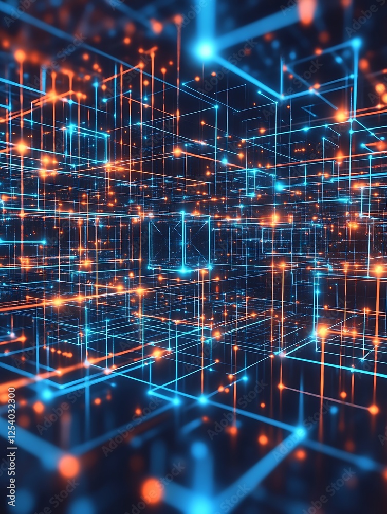 Poster Futuristic blue and orange grid structure with glowing elements representing a digital universe : Generative AI