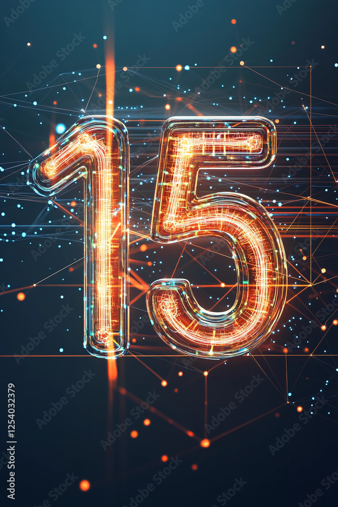 Poster bright digital number 15 represented with glowing lines