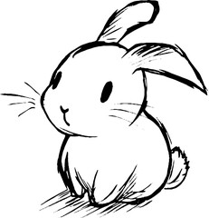 A cute, cartoon-style rabbit sitting down with large eyes and a small nose, drawn in simple black lines on a white background.