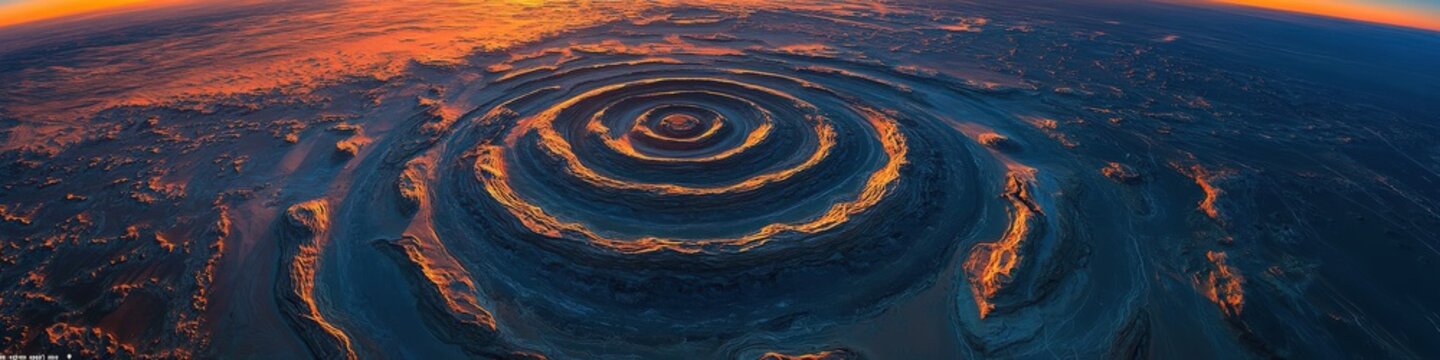 Richat Structure Aerial View at Sunset Geological Formation Sahara Desert Mauritania Eye of the Sahara Stunning Natural Wonder Atlas Mountain Erosion Landscape