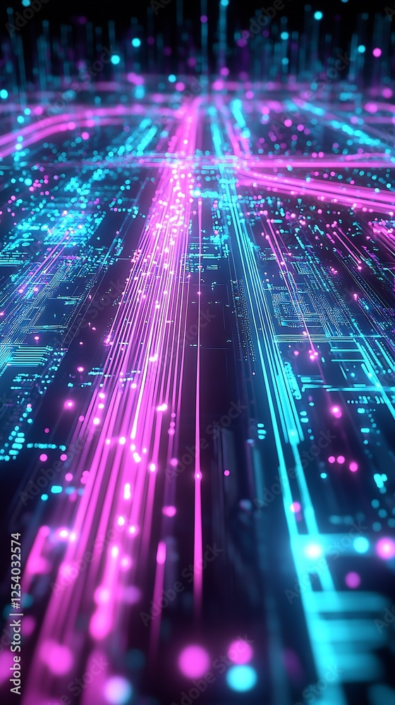 Poster Dynamic view of an abstract digital path with bright lines in blue and pink tones creating a surreal atmosphere : Generative AI