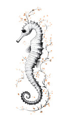 Black and White Seahorse Illustration: Floral Marine Life Art in Vintage Style
