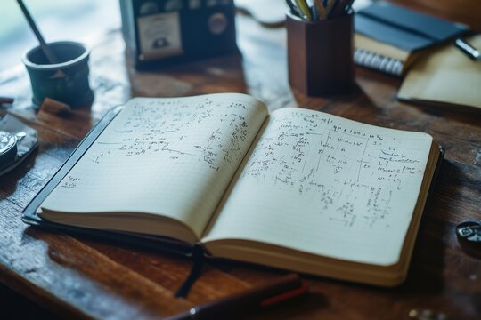 An open notebook showcases detailed sketches and calculations, the epitome of a scholar's pursuit for knowledge on a rustic desk.