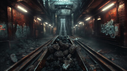 Naklejka premium Chunks of coal fall from the trolleys loaded onto _007