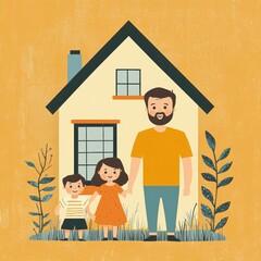 Minimalistic poster a family in front their new home, illustrated with geometric simplicity.