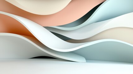 Abstract 3D minimalist background with floating organic shapes, trendy pastel color palette, smooth lighting and depth, futuristic yet elegant composition
