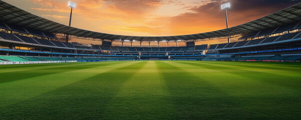 Spectacular sunset over a vibrant cricket stadium field