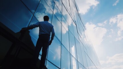 An engineer inspecting the installation of glass curtain walls on a corporate headquarters, Curtain wall inspection scene, Corporate office construction style