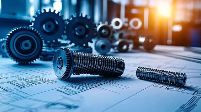 An engineering table with blueprints laid out featuring an array of interlocking gears, mechanical arms, and rotating systems, showing intricate technical designs for industrial eq