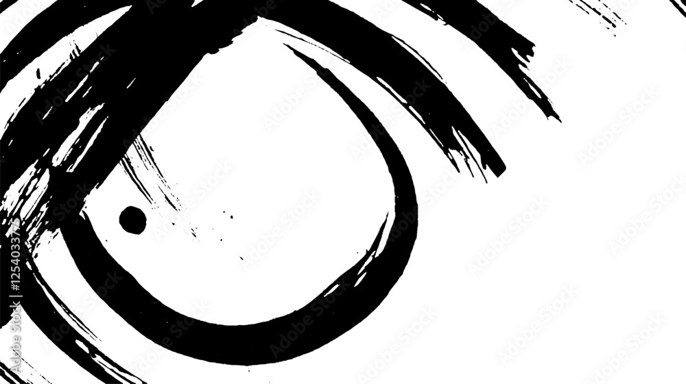Fototapete an abstract black ink brush stroke design on a white background, featuring curved lines and a dot, c