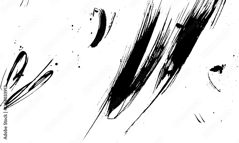 Fototapete an abstract composition featuring bold black brush strokes and splatters on a white background, crea