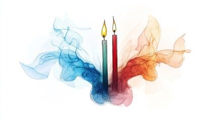 Two colorful candles burn brightly, casting a warm glow that represents hope and spirituality. They evoke feelings of faith during sacred celebrations in dimly lit spaces