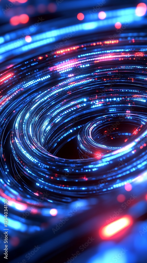 Fototapete Vibrant and dynamic close-up view of blue and red glowing spirals in a dark background : Generative AI