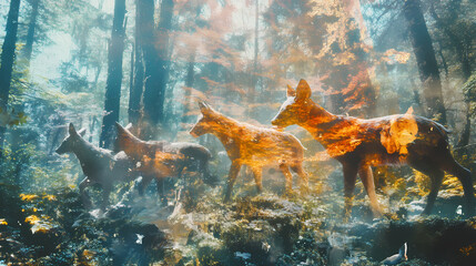 Forest ecosystem disruption causing animal suffering and death due to habitat loss climate change and human encroachment on natural environments. Holographic Wildlife. Illustration