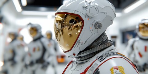 space mission preparation, an astronaut adjusts their spacesuit helmet in sharp focus with a blurred team of engineers and mission control specialists in the background