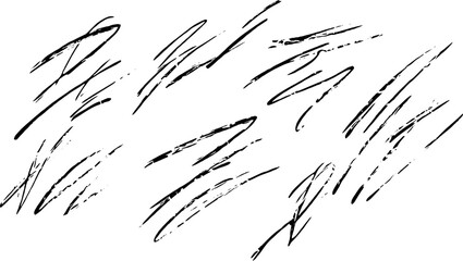A collection of abstract black brush strokes on a white background, showcasing various dynamic and expressive lines. Ideal for artistic designs and backgrounds.