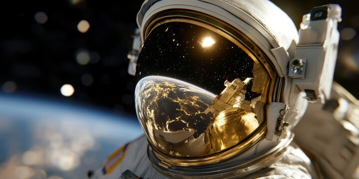 space exploration, astronauts golden visor reflects shuttle and earth during spacewalk, with cosmic darkness softly blurred in the background - Powered by Adobe