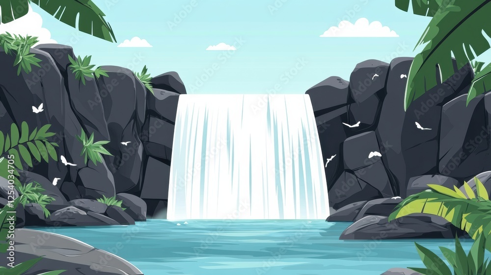 Poster Waterfall cascading over rocks surrounded by tropical plants and birds in a serene location during daylight. Generative AI