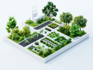 Minimalist 3D garden illustration featuring irrigation systems and plant beds