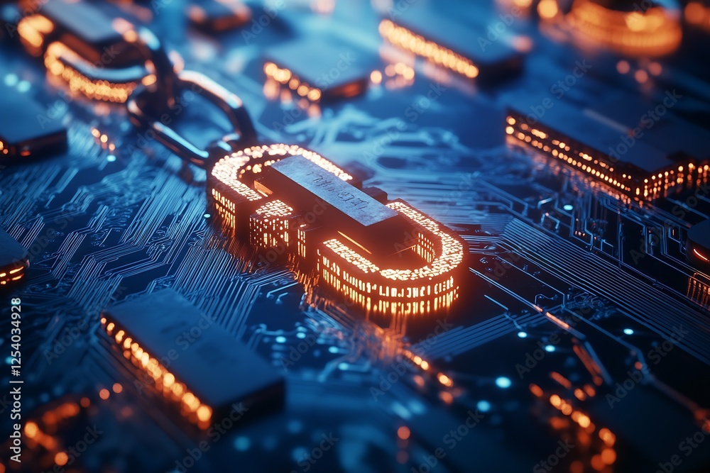 Poster High-tech electronic circuit with illuminated chain links representing connectivity and advanced digital networks : Generative AI