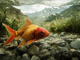 Naklejka premium Goldfish swimming near rocks and grass