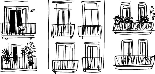 A sketch of four sets of balconies on a building, featuring various plants and open doors. The design is simple and abstract, emphasizing the balconies' structure and greenery.