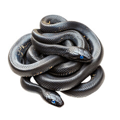 Coiled black snakes tightly intertwined, displaying glossy scales isolated on white background, reptiles or wildlife