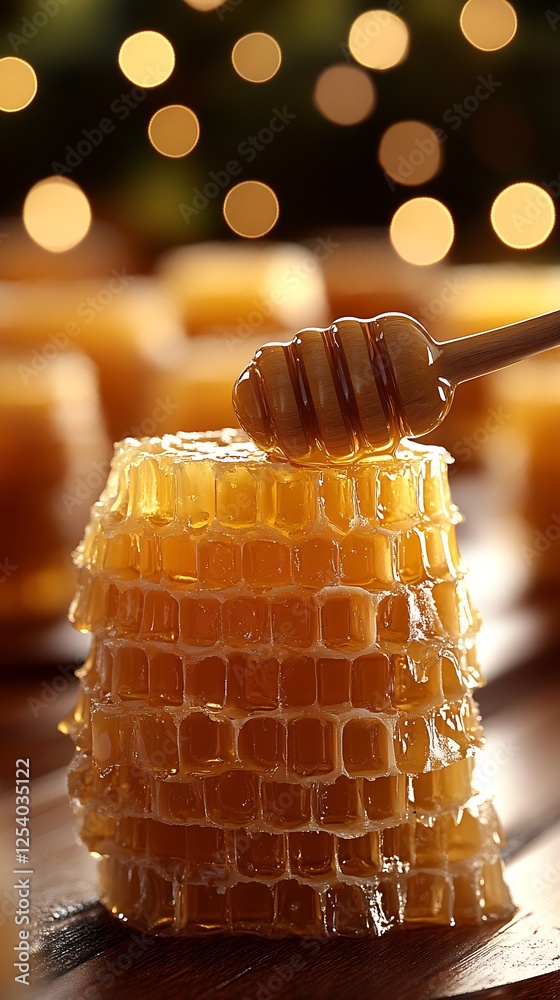 Poster artistic shot of honey dripping from a spoon onto beautiful honeycomb structure : generative ai
