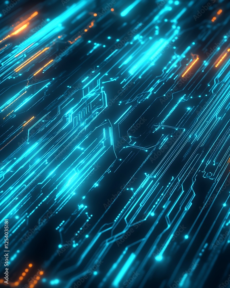 Poster Vivid glowing lines in blue and orange colors creating an energetic abstract pattern ideal for tech visuals : Generative AI