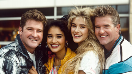 Fototapeta premium Friends enjoying a sunny day together at a local shopping center in the 1980s with vibrant fashion and cheerful expressions