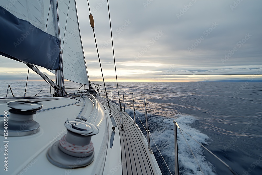 Aufkleber beautiful close-up view of the deck of a luxury sailing yacht navigating through smooth water at twi