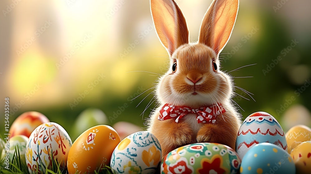 Poster cute bunny wearing a bow tie with easter eggs in a cheerful spring setting : generative ai