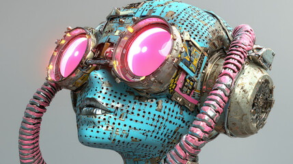 Futuristic robot with vibrant blue skin and pink goggles, showcasing intricate mechanical details