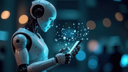 Robot Interacting with Smartphone and Holographic Icons, Artificial Intelligence and Mobile Technology Concept. Futuristic User Interface, Automation and Innovation.