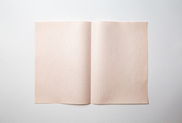 Mock up of a blank booklet with spread on a white background. Beige aged paper with a vertical fold...