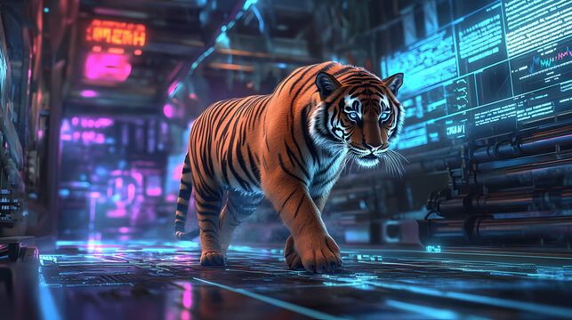 Of a tiger walking through a futuristic digital wildlife enclosure with holographic technology data and analytics displayed in a cyberpunk glowing neon environment. Holographic Wildlife. Illustration