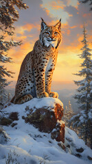 Obraz premium Majestic Lynx Observing from a Snowy Forest Outcrop at Sunset