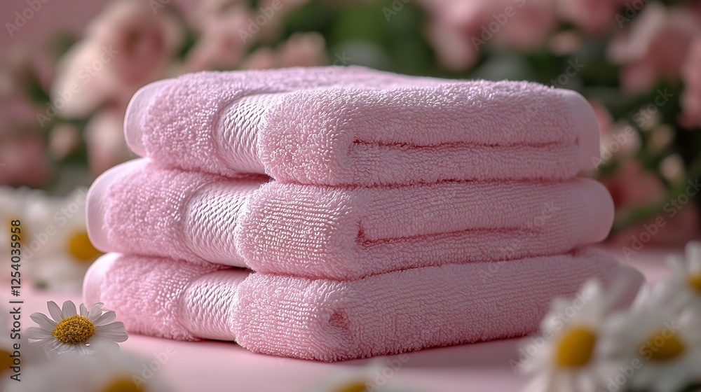 Poster stylish soft pink towels with floral accents creating a bright and inviting scene : generative ai