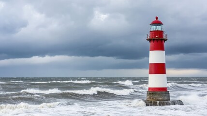 Obraz premium Red and white lighthouse with stormy sea clouds