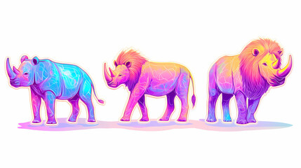 Obraz premium Set of three multicolored holographic stickers african animals lion, rhinoceros, elephant on a white background. Holographic Wildlife. Illustration