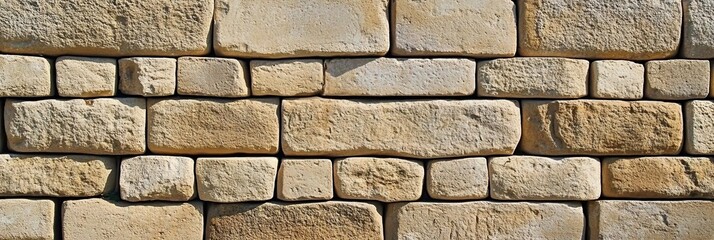 Fototapeta premium Close-up of a textured stone wall with beige and sandy-colored bricks, creating a rustic and natural background.