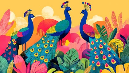 Naklejka premium Illustrated poster peacocks with kaleidoscopic geometric tails standing in vibrant gardens, Swiss minimalism