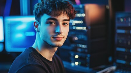 Young man focuses on cybersecurity risk analysis while working near a secure server in an office