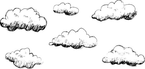 A collection of hand-drawn clouds in various sizes and shapes, set against a white background. The clouds have a sketchy, artistic style, giving a whimsical feel.