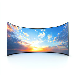 Naklejka premium A modern curved screen showcasing a stunning sunset over the ocean, reflecting vibrant colors and captivating clouds in a tranquil atmosphere.